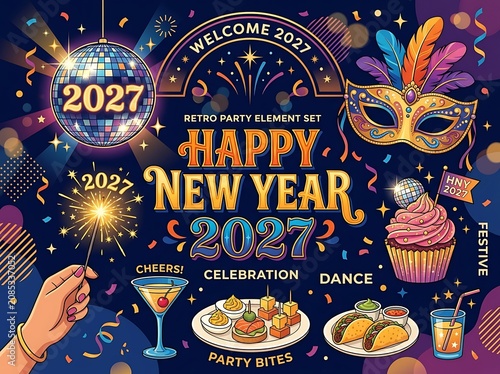a colorful collection of retro party elements for a welcome 2027 happy new year celebration.