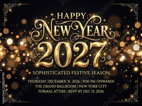 Sophisticated new year 2027 festive celebration invitation at grand ballroom on december thirty first.
