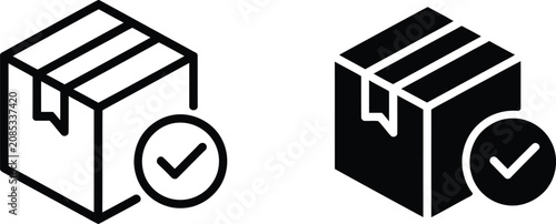 Delivery box icon set with solid black and outline cardboard parcel with check mark order confirmation symbol collection