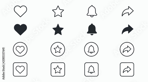 Set of social media interaction icons including hearts, stars, bells, and share arrows in various.