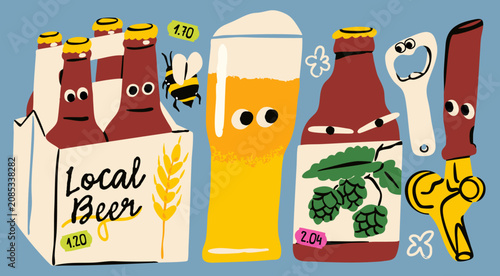 Cute Beer characters with eyes. Beer glass, bottle pack, opener, tap handle. Pub, brewery, bar menu concept. Hand drawn trendy Vector illustration. Isolated design elements. Logo, sticker template