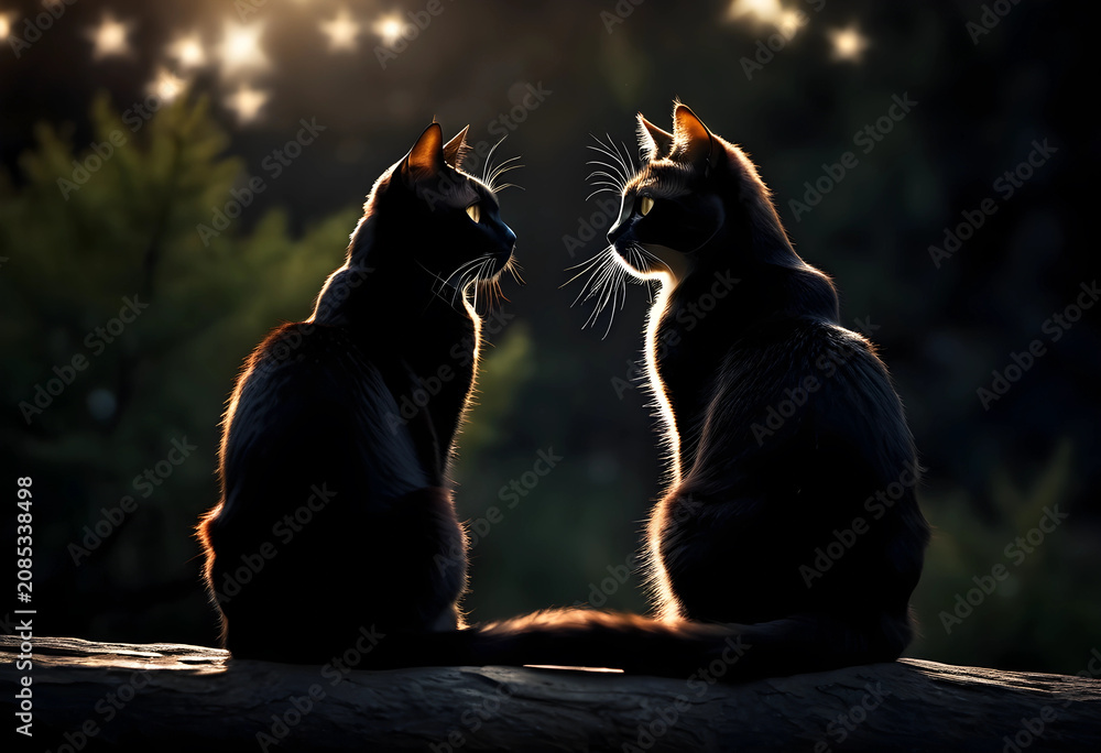 Fototapeta premium Two cats sitting facing each other in nature at dusk