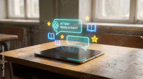 Educational AI chatbot virtual tutor assisting school learning with glowing cyan blue holographic speech bubbles on tablet