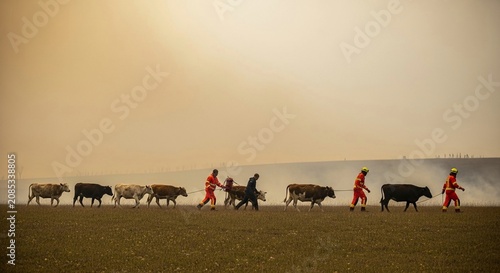 People Leading Cattle Through Hazy Landscape During Wildfire Evacuation