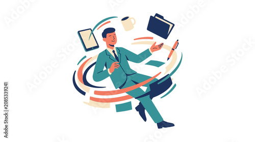 Skilled businessman in a suit confidently multitasking with various office items and digital devices, symbolizing leadership and success.
