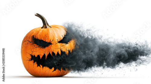 Small Cracked Pumpkin Releasing Ghostly Smoke for Halloween Concept