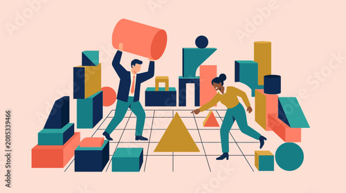 Business professionals collaborating with geometric blocks to build strategic solutions and achieve success