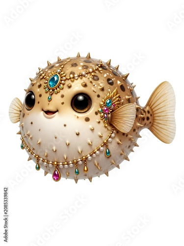 Adorable digital art of a round pufferfish adorned with intricate jewelry, including blue and pink gemstones. It has large, glossy black eyes and a sweet smile. Golden spikes cover its body.