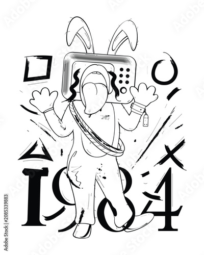 Rabbit Television Head Character with 1984 Text Surealism Illustration