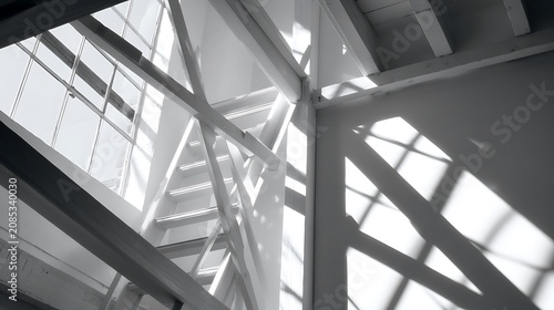 Abstract architectural structure with geometric steel beams and glass.