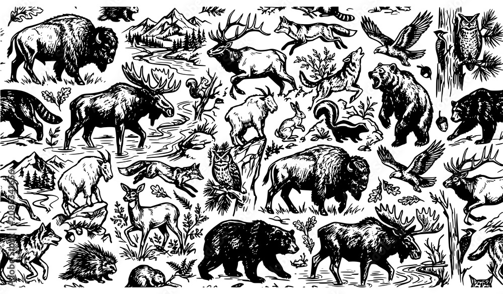 Obraz premium Dark Hand Drawn North American Forest Animals Seamless Pattern Vector Sketch Illustration