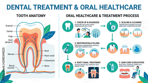 Bild auf Leinwand Dental Treatment and Oral Healthcare Infographic: Tooth Anatomy and Process