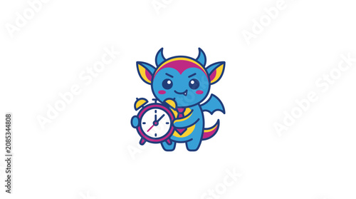 Canvastavla Cute Blue Monster Holding Alarm Clock, Time Management Concept