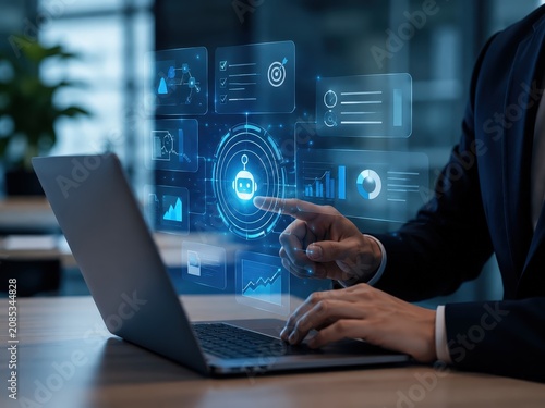 Businessman Using AI Assistant Dashboard on Laptop, Chatbot Automation Analytics Target Checklist Enterprise Software Interface