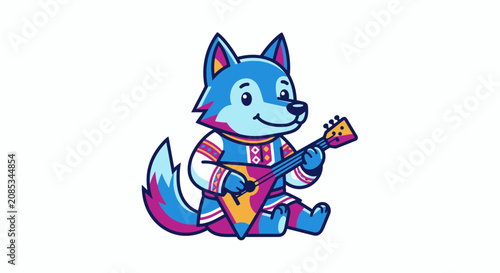 Quadro su tela Cartoon Wolf Playing Balalaika, Russian Folklore Character