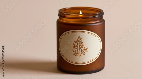 Lit brown glass jar candle with floral label
