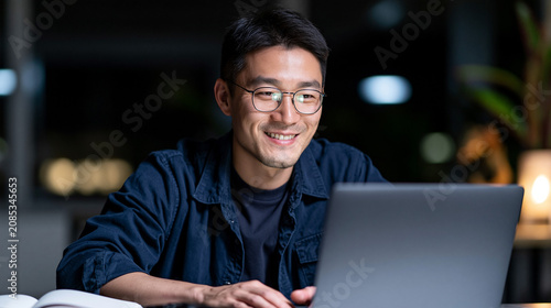 Smiling young Asian businessman wearing glasses working on a laptop computer late at night in his dark home office, looking happy, productive, and focused on his project.