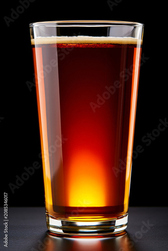 A pint glass filled with cold amber craft beer featuring a glowing golden-red gradient and a thin layer of creamy foam, isolated on a dramatic black background with reflection.