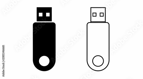 USB flash drive icons in black and white styles for digital storage