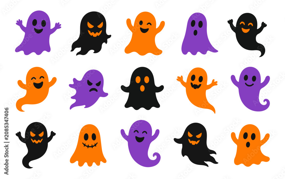 Obraz premium Cute Halloween Ghost Vector Set. Colorful Purple, Orange and Black Spooky Ghost Emoji Bundle, Kawaii Halloween Monsters Clipart Component Isolated on White for Kids Sticker Design