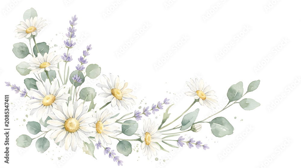 Fototapeta premium Watercolor flowers with white daisies and lavender on white background