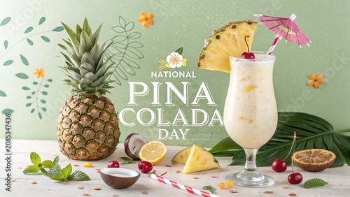 Piña Colada Day, Gourmet pina colada garnished with pineapple, cherry for National Pina Colada Day.