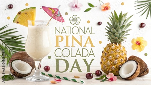 Tropical cocktail garnished with cherry, straw celebrating National Pina Colada Day.
