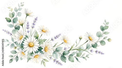 Watercolor floral arrangement with white daisies and lavender on white