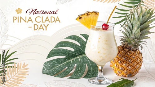 Piña Colada Day, Creamy frozen drink surrounded by fresh pineapple for summer beverage day.
