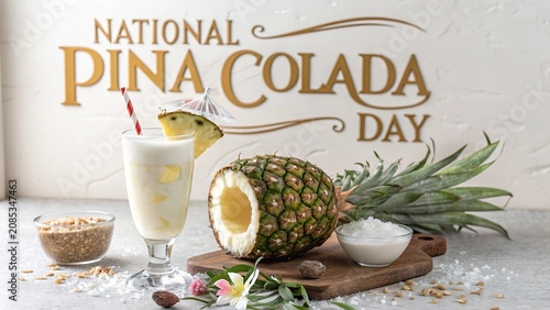 Piña Colada Day, Elegant pina colada garnished with pineapple, coconut for National Pina Colada Day.
