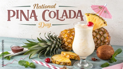 Piña Colada Day, Fresh pina colada garnished with pineapple, cherry for National Pina Colada Day.

