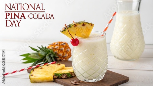 pina colada day, Piña Colada Day, Creamy tropical cocktail served with extra pitcher for National Pina Colada Day.
