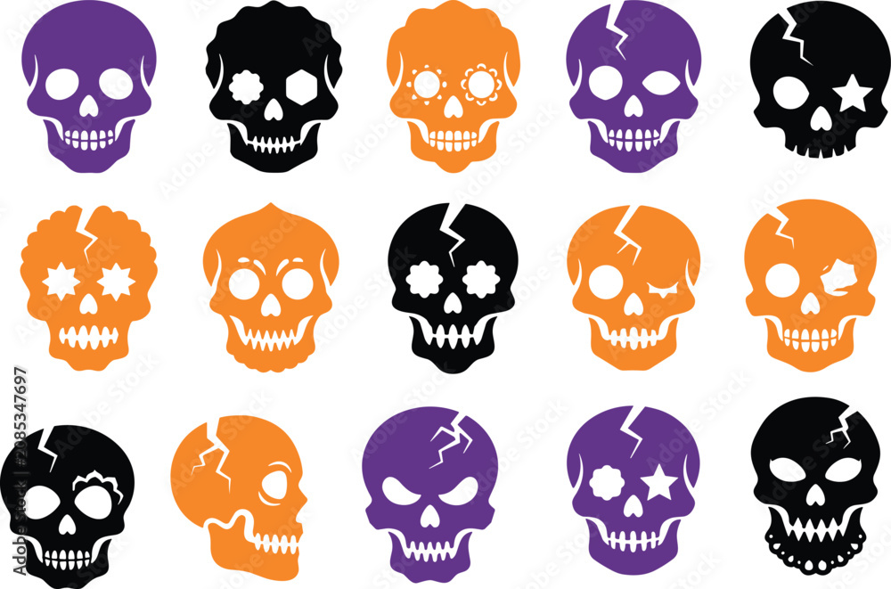 Obraz premium Halloween skull icon collection featuring spooky cracked cartoon skulls with creepy expressions and flat vector illustration set