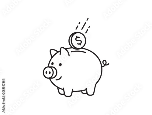 Cuadro en lienzo Cartoon piggy bank with a coin being dropped into it for savings