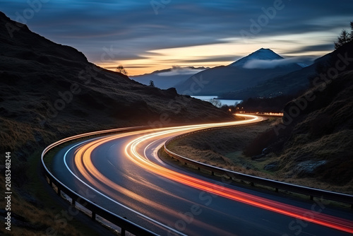Vibrant Rural Road Scene Featuring Light Trails Through Scenic Landscape
