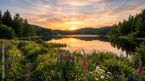 Sunlight reflecting on a calm lake surrounded by wildflowers and forest at sunset