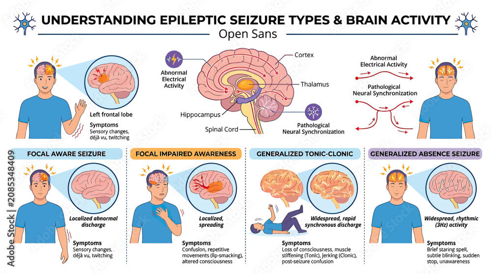Naklejka premium Epileptic Seizure Types and Brain Activity Explained