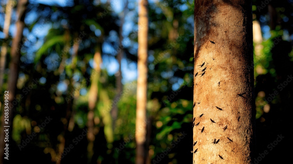 Fototapeta premium cicada. Dense tropical rainforest at dusk with cicada silhouettes. travel magazines, destination branding, designed for travel destination branding, used by ui designers.