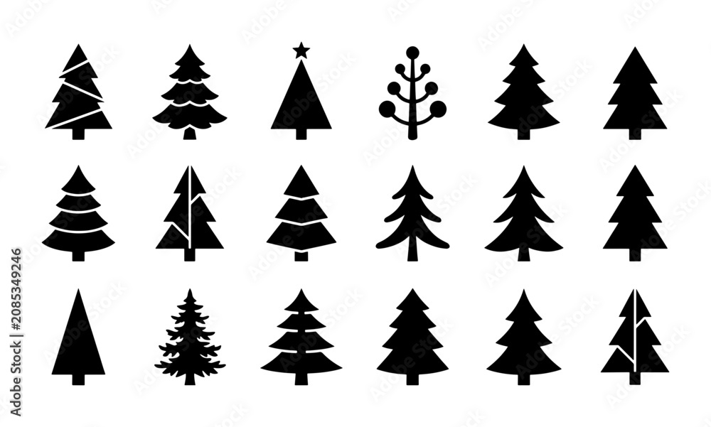 Obraz premium Set of 15 Black Christmas Tree Icons, Vector Graphics for Holiday Design, Winter Celebration Elements, Festive Decoration Symbols