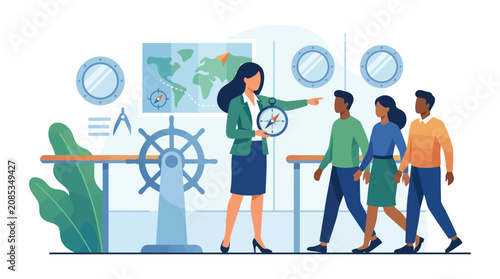 Business leader with compass guiding diverse team for strategic career navigation flat design vector illustration
