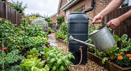Close up of hands pouring water from a rain harvesting barrel into a vintage zinc watering can in a lush vegetable garden.