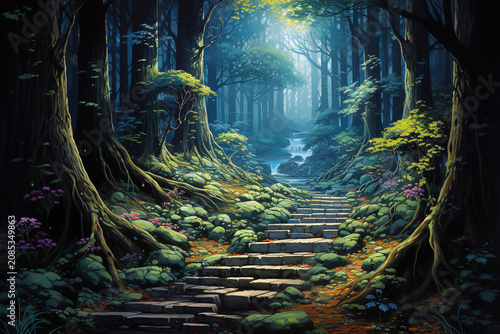 Wooden stairs winding through a serene forest landscape