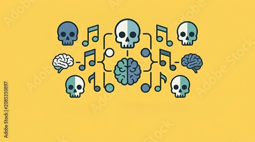 Flat Infographic Design Music Element Mind Map with Brain, Skull, and Musical Note Icons Creative Minimalist Vector Art on Yellow Background