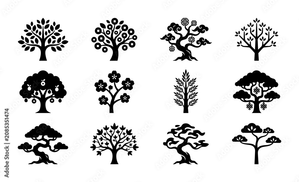 Fototapeta premium Set of 12 Stylized Tree Icons, Black and White Vector Graphics for Nature and Botanical Designs, Organic Shapes for Eco-Friendly Branding
