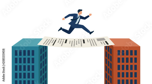 Ambitious businessman leaping between office buildings over a resume document bridge flat design vector illustration.