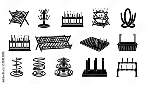 Cuadro en lienzo Laboratory and Kitchen Drying Racks, Vector Icons Set: Test Tube Holders, Bottle
