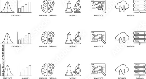 A collection of Data Science icons set with editable stroke, including statistics, machine learning, science, analytics, big data. Thin linear vector illustration