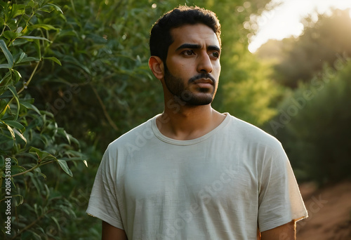 Middle eastern man exploring nature in golden hour light
