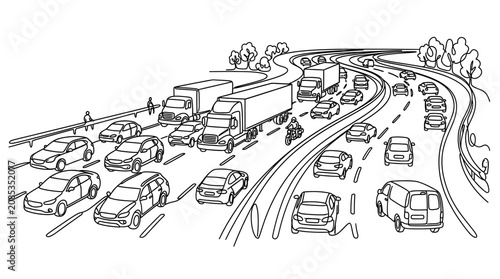 Tableau sur toile Highway traffic jam, cars and trucks stuck in traffic, illustration