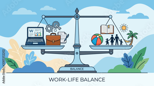A powerful flat design vector illustration showcasing a perfectly balanced scale, symbolizing the importance of work-life equilibrium, especially relevant during the Labor Day holiday. 